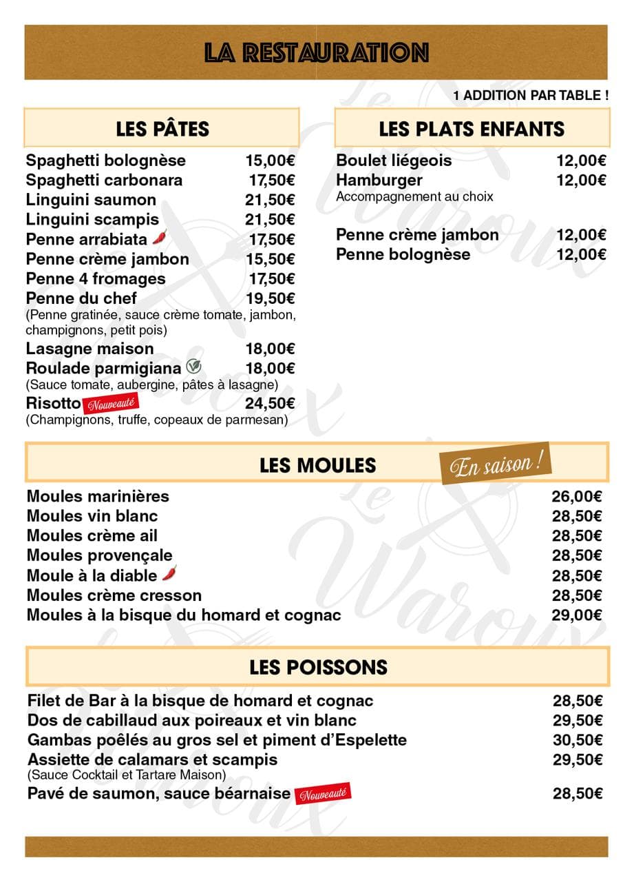 Menu Le Waroux — Pâtes, Plats enfants, Moules, Poissons