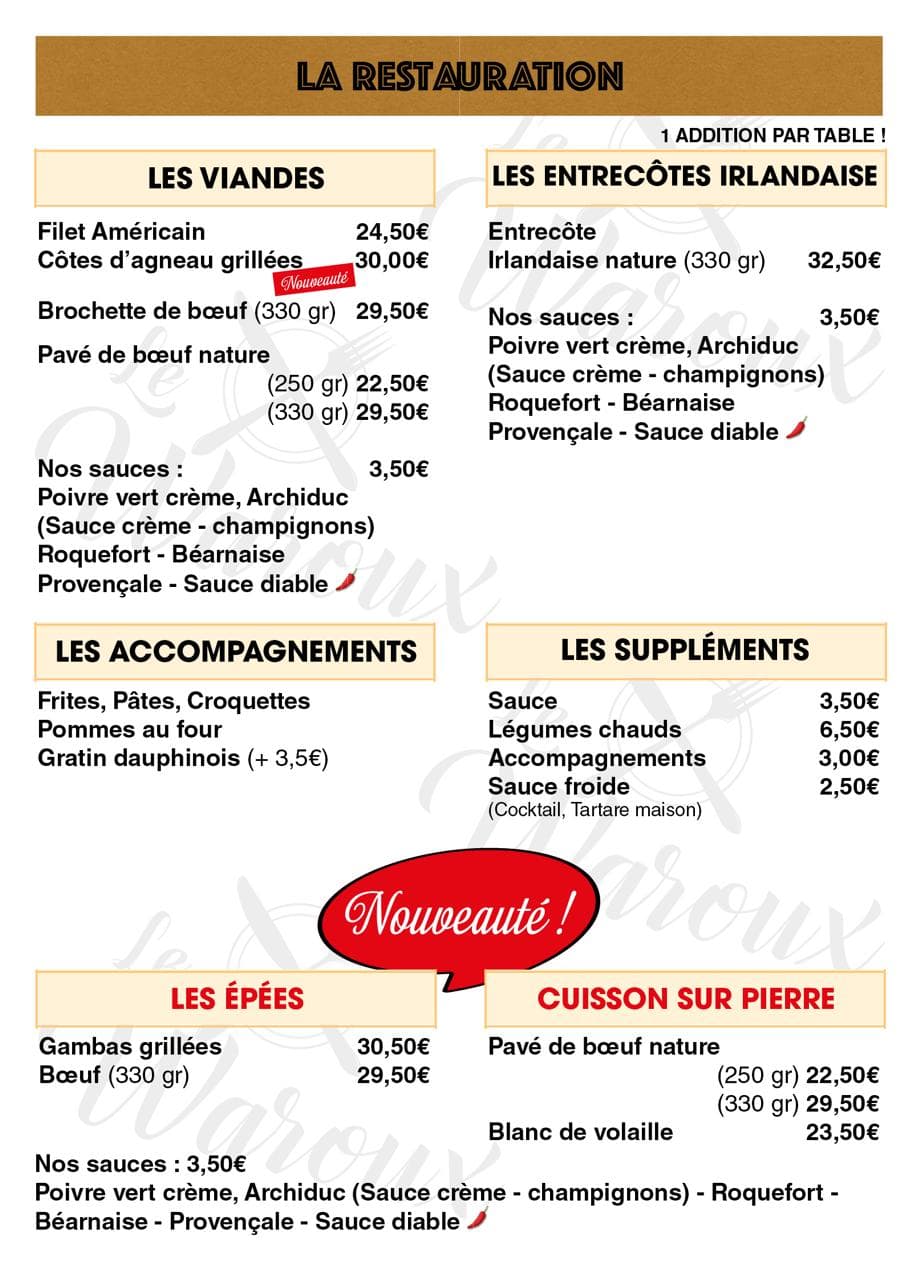 Menu Le Waroux — Viandes, Entrecôtes irlandaises, Épées, Cuisson sur pierre